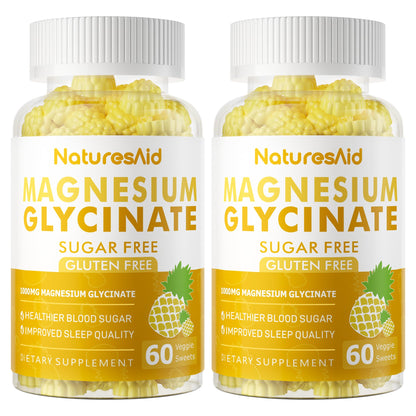 Nature's Aid Magnesium Glycinate Gummies 1000mg – Sugar-Free Pineapple Gummies with Vitamin D, B6 & CoQ10 (120 each, 2 Pack)