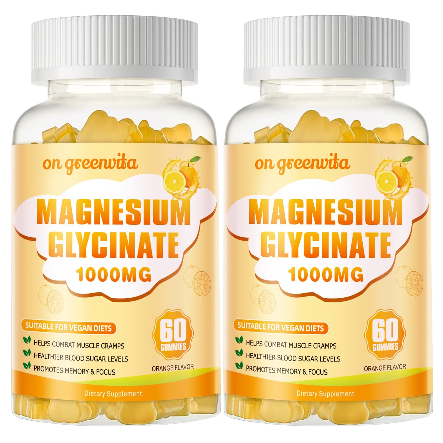 Magnesium Glycinate Gummies 1000mg - Sugar Free Magnesium Potassium Supplement with Vitamin D, B6, CoQ10 for Calm Mood & Sleep Support - 120 Orange Gummies 2 Pack