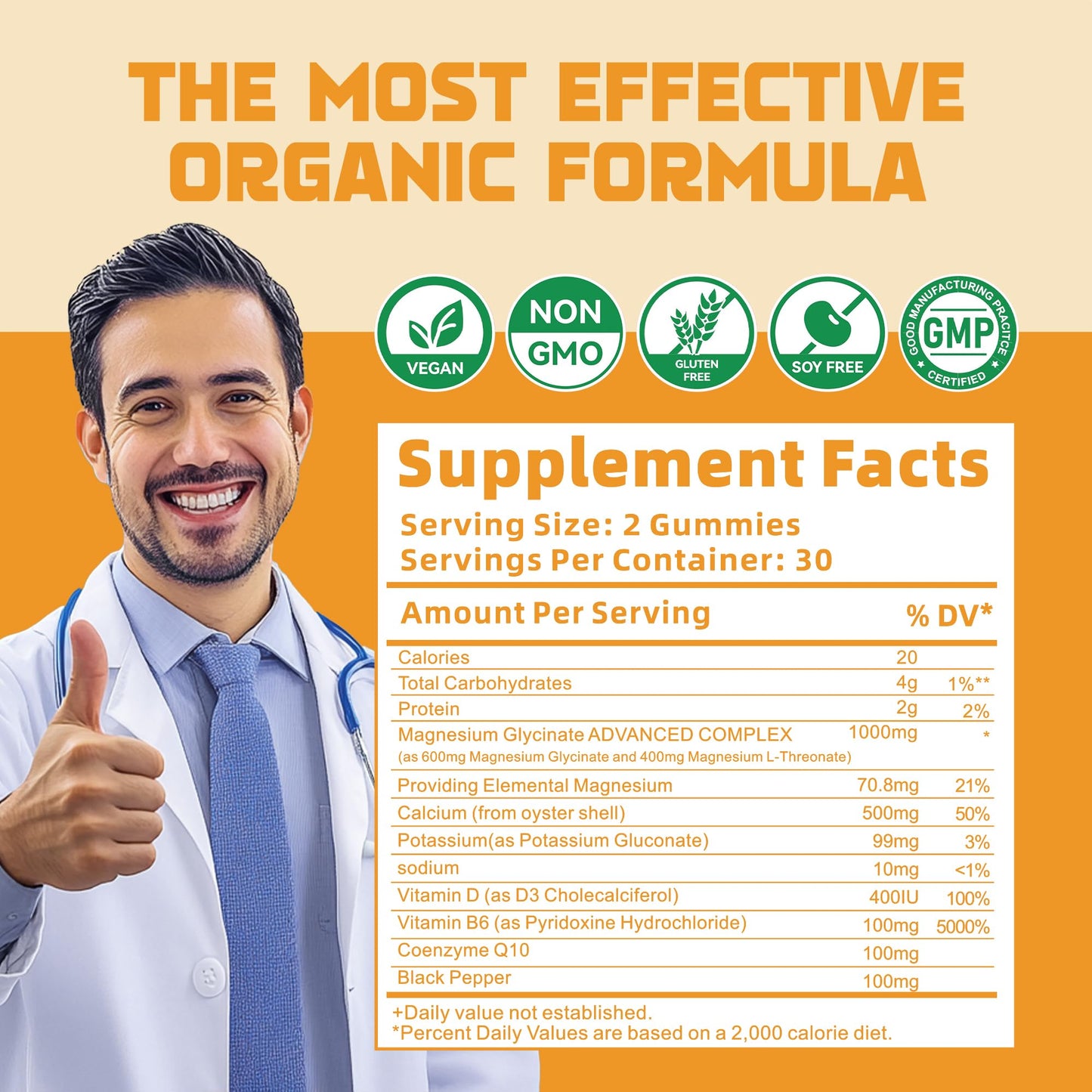 Magnesium Glycinate Gummies 1000mg - Sugar Free Magnesium Potassium Supplement with Vitamin D, B6, CoQ10 for Calm Mood & Sleep Support - 120 Orange Gummies 2 Pack