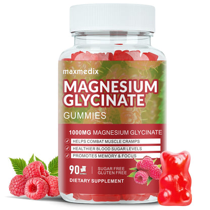 Magnesium Glycinate Gummies 1000mg – Sugar Free Potassium Magnesium for Sleep, Relaxation & Body Support (90 Raspberry Gummies)