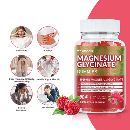 Magnesium Glycinate Gummies 1000mg – Sugar Free Potassium Magnesium for Sleep, Relaxation & Body Support (90 Raspberry Gummies)