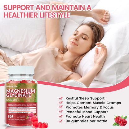 Magnesium Glycinate Gummies 1000mg – Sugar Free Potassium Magnesium for Sleep, Relaxation & Body Support (90 Raspberry Gummies)