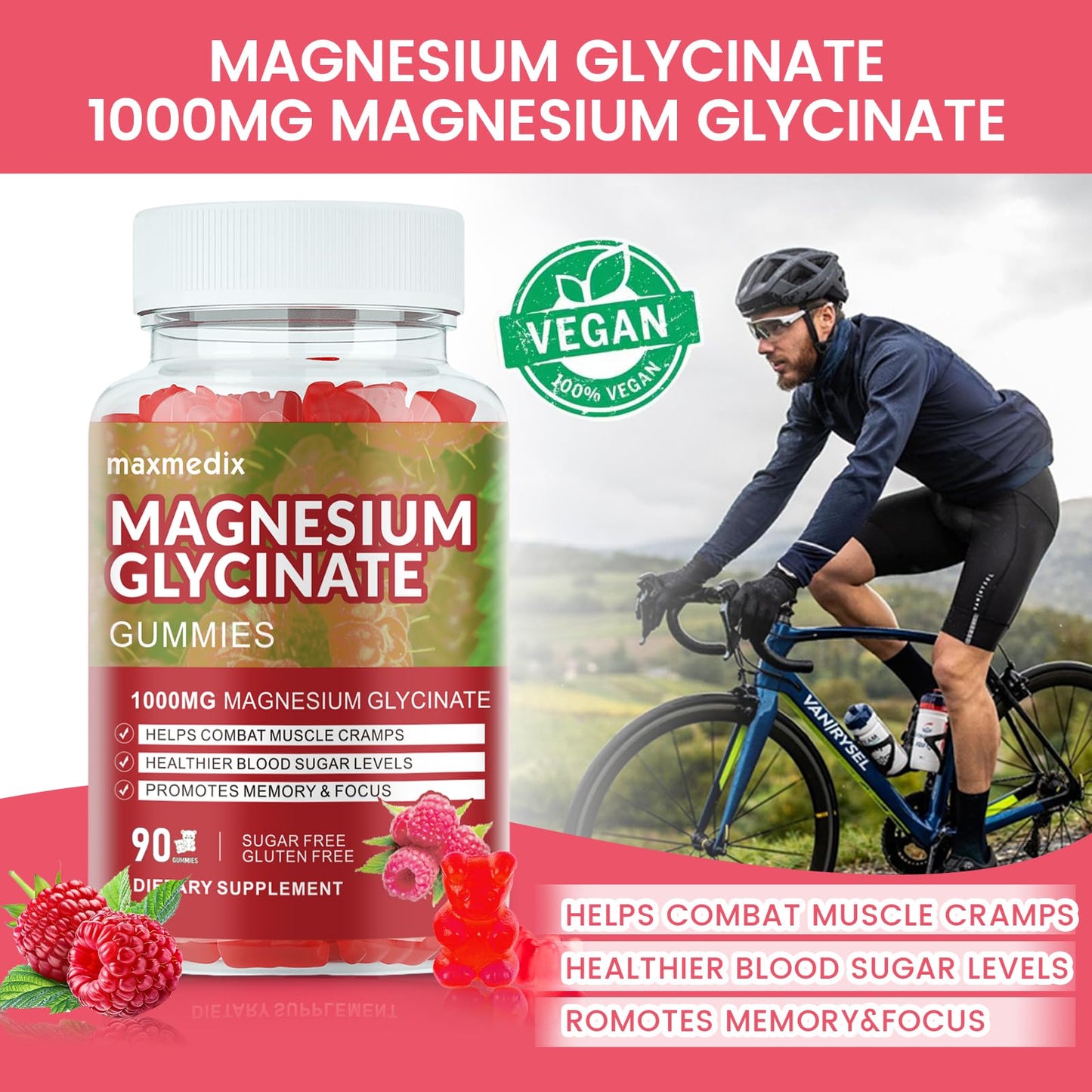 Magnesium Glycinate Gummies 1000mg – Sugar Free Potassium Magnesium for Sleep, Relaxation & Body Support (90 Raspberry Gummies)