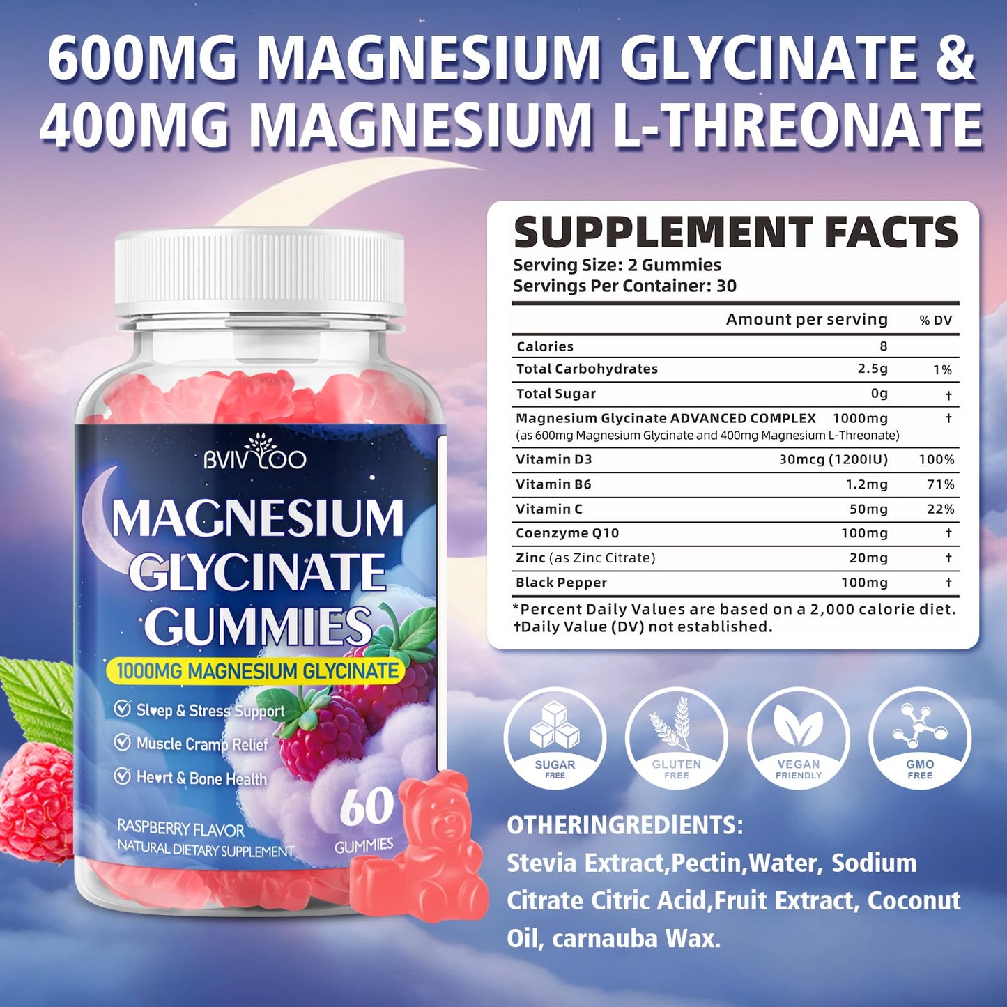 Magnesium Glycinate Gummies 1000mg with L-Threonate – D3, B6 & CoQ10 | Sugar-Free Raspberry, 60 Count