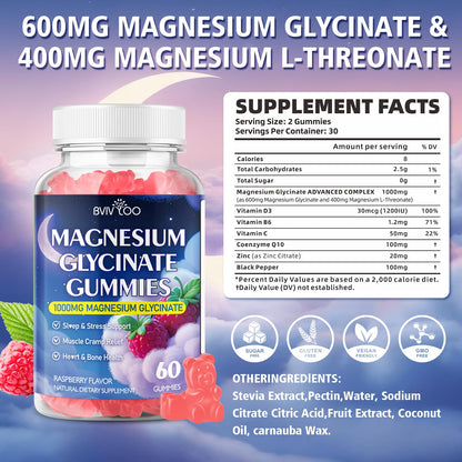 Magnesium Glycinate Gummies 1000mg with L-Threonate – D3, B6 & CoQ10 | Sugar-Free Raspberry, 60 Count