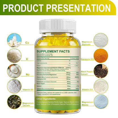 MENXI Magnesium Glycinate Gummies 400mg – Sugar Free Pineapple, Vitamin D, B6 & CoQ10 (120 Gummies)