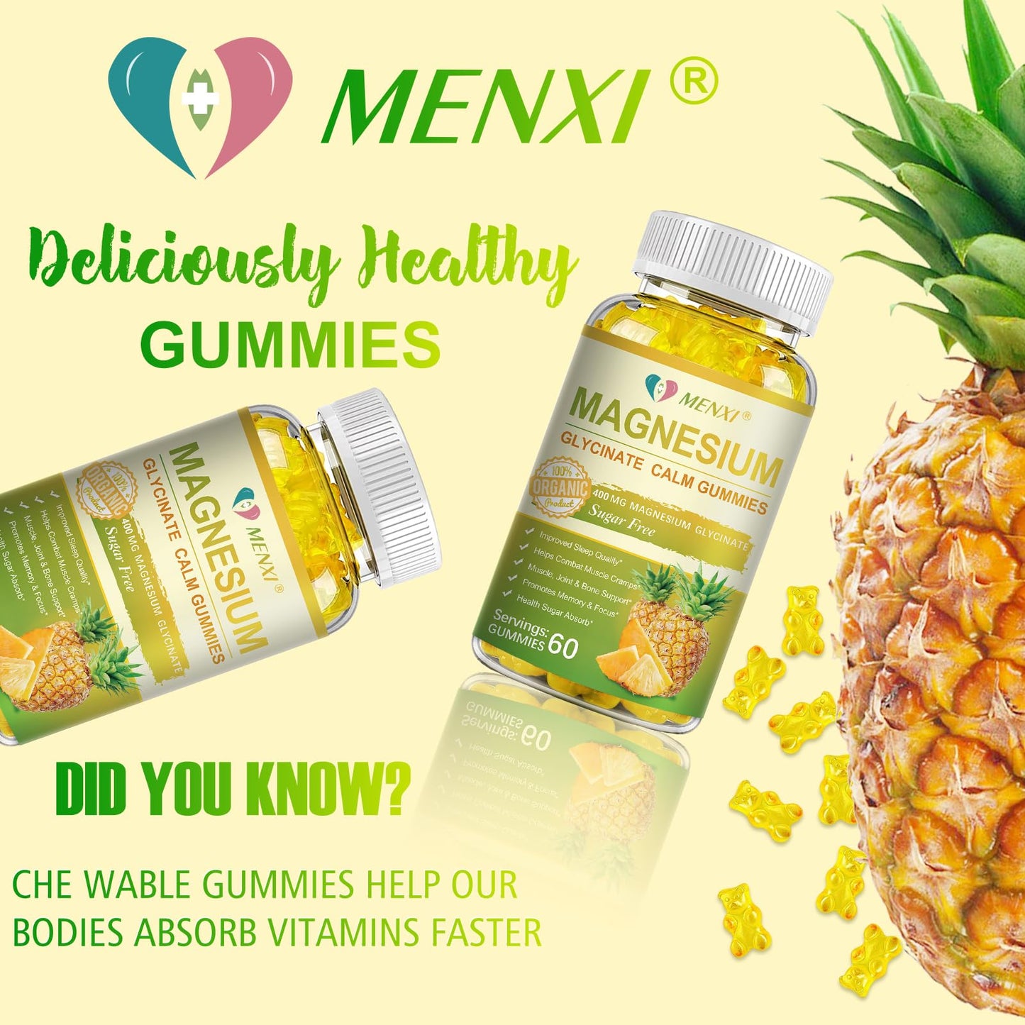 MENXI Magnesium Glycinate Gummies 400mg – Sugar Free Pineapple, Vitamin D, B6 & CoQ10 (120 Gummies)