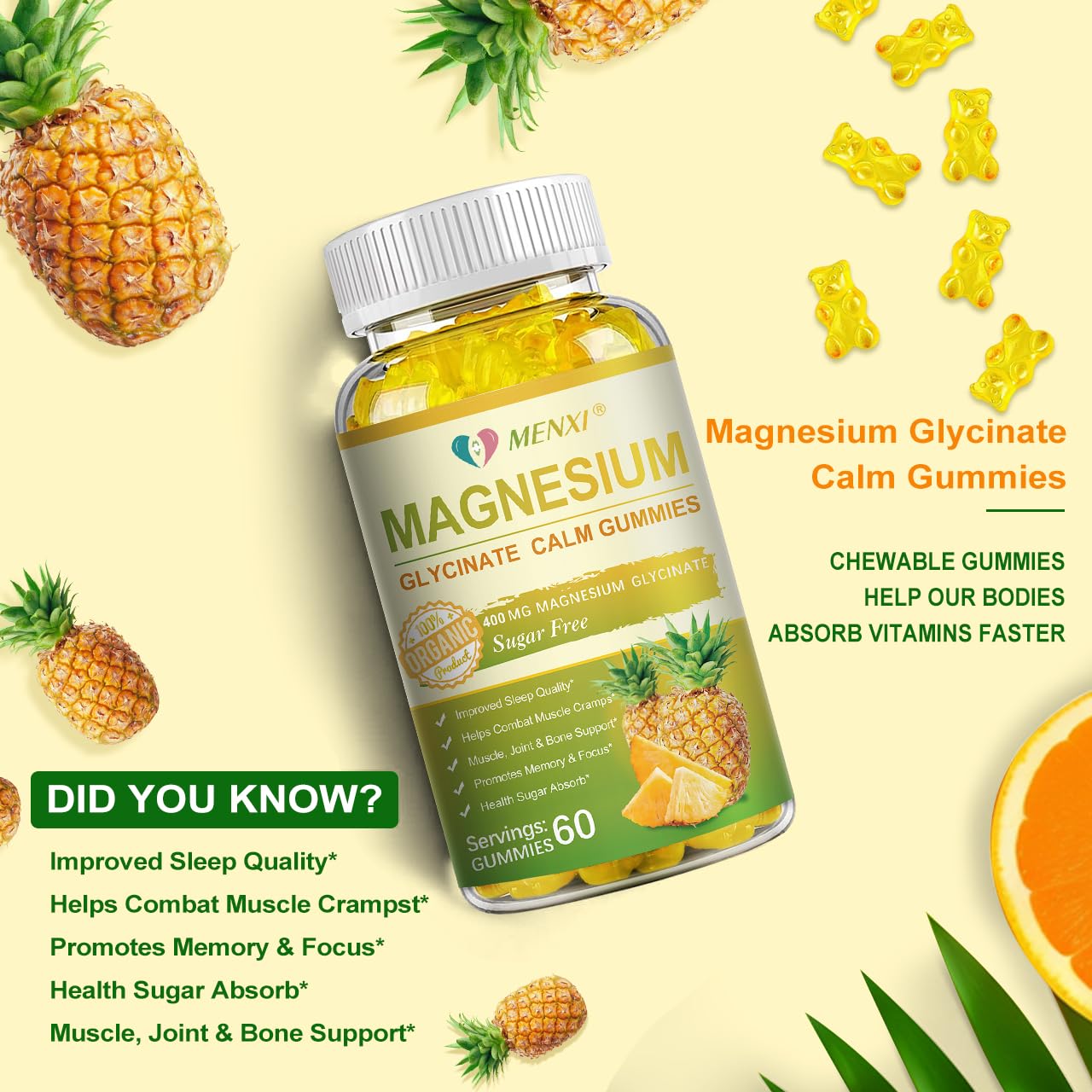 MENXI Magnesium Glycinate Gummies 400mg – Sugar Free Pineapple, Vitamin D, B6 & CoQ10 (120 Gummies)