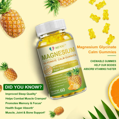 MENXI Magnesium Glycinate Gummies 400mg – Sugar Free Pineapple, Vitamin D, B6 & CoQ10 (120 Gummies)