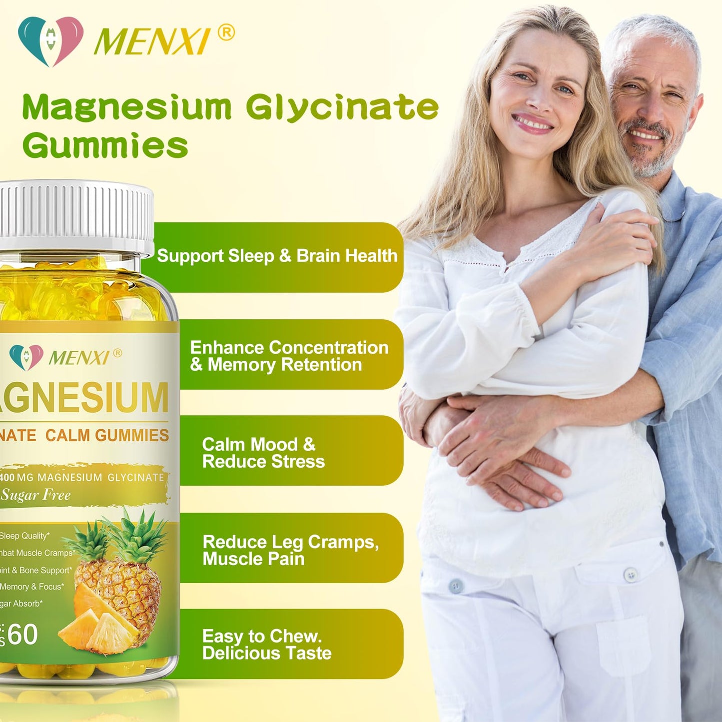 MENXI Magnesium Glycinate Gummies 400mg – Sugar Free Pineapple, Vitamin D, B6 & CoQ10 (120 Gummies)