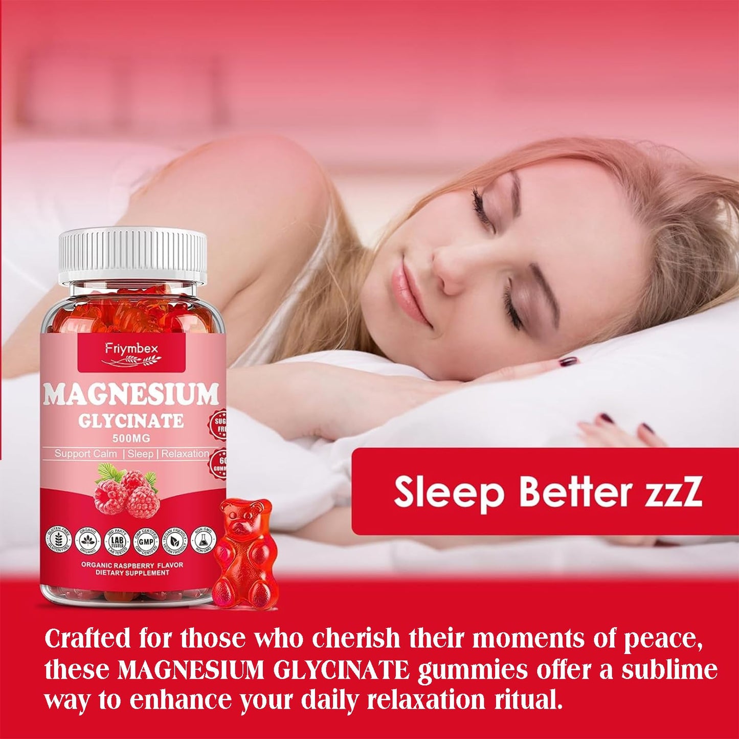 Magnesium Glycinate Gummies 500mg | Relaxation Calm Magnesium Gummies | Sugar-Free | Non-GMO | Gluten-Free | Vegan-Friendly for Adults & Kids (60 Raspberry Gummies)