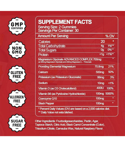 Magnesium Glycinate Gummies 500mg – Sugar Free, Potassium & Vitamin D3 + CoQ10 | Relaxation & Sleep Support | 60 Raspberry Gummies