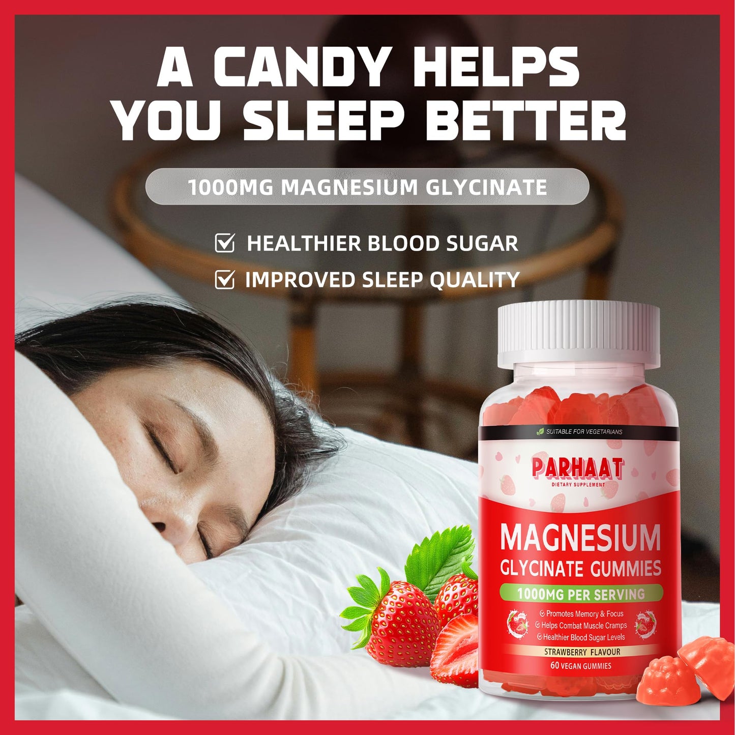 Magnesium Glycinate Gummies – Sugar Free Calm Mood & Sleep Support (60 Strawberry Chews)