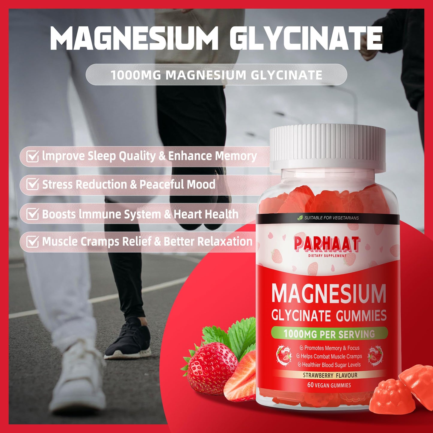 Magnesium Glycinate Gummies – Sugar Free Calm Mood & Sleep Support (60 Strawberry Chews)