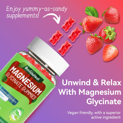 Magnesium Glycinate Gummies 600mg + L-Threonate 300mg, CoQ10, Black Pepper – Vegan (60 Count) | SmildeHeal
