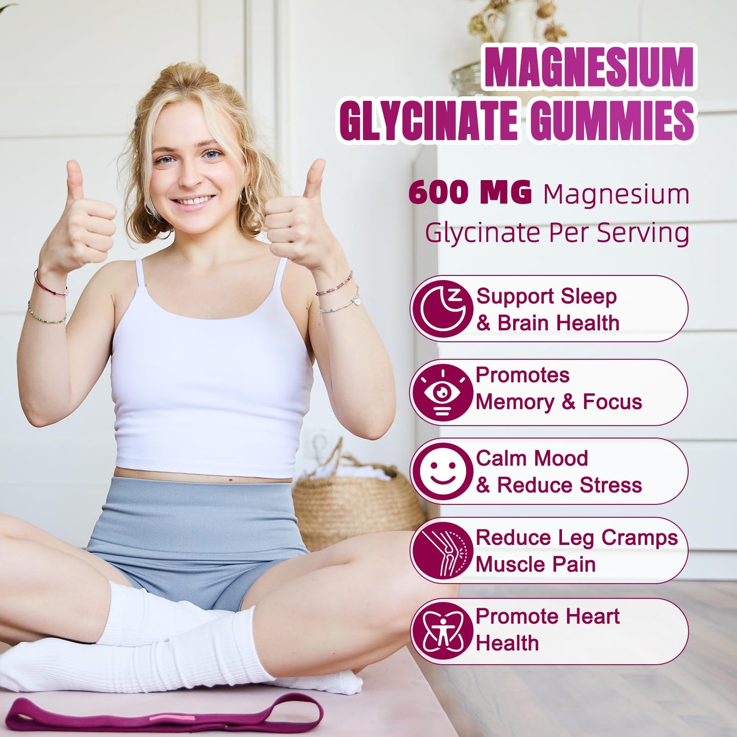 JAENFW Magnesium Glycinate Gummies 600mg – High Absorption, Raspberry, Sugar Free (60 ct)