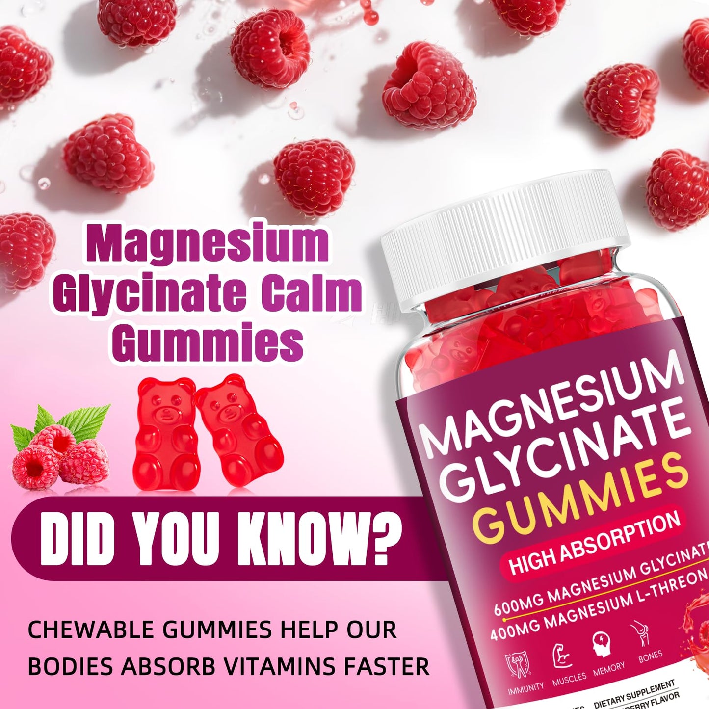 JAENFW Magnesium Glycinate Gummies 600mg – High Absorption, Raspberry, Sugar Free (60 ct)