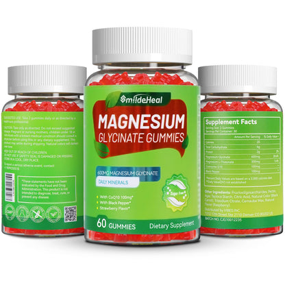 Magnesium Glycinate Gummies 600mg + L-Threonate 300mg, CoQ10, Black Pepper – Vegan (60 Count) | SmildeHeal