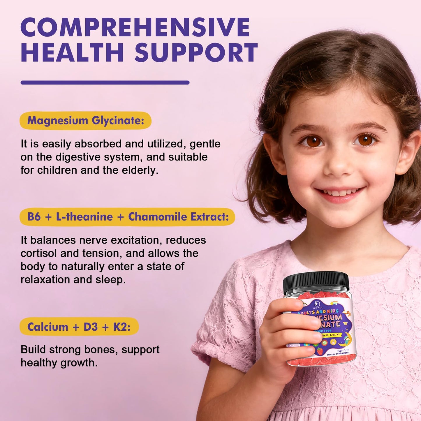 Magnesium Glycinate Gummies 60 Ct – Sleep & Calm Support for Kids 4+ & Adults, Sugar-Free Strawberry Flavor