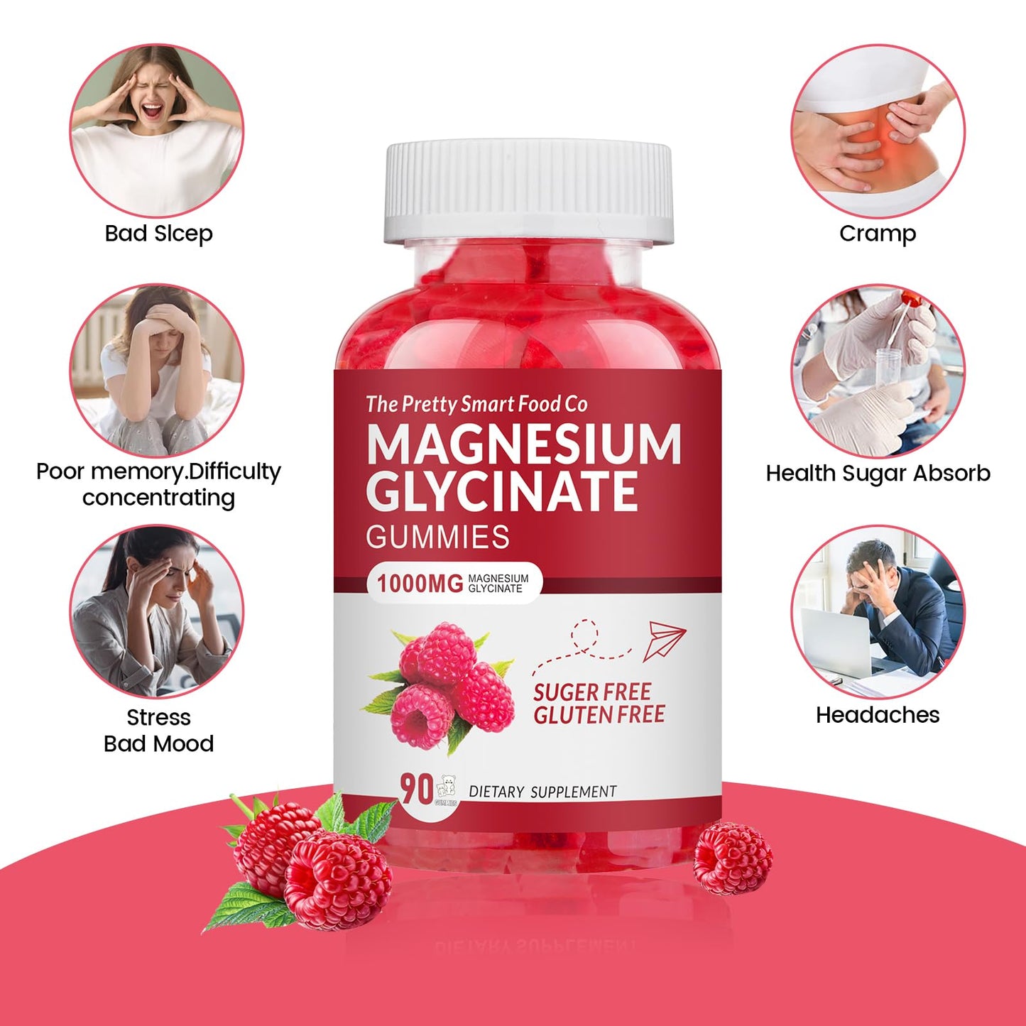 Magnesium Glycinate Gummies 1000mg – 90 Count | Calm Mood & Sleep Support (Raspberry)