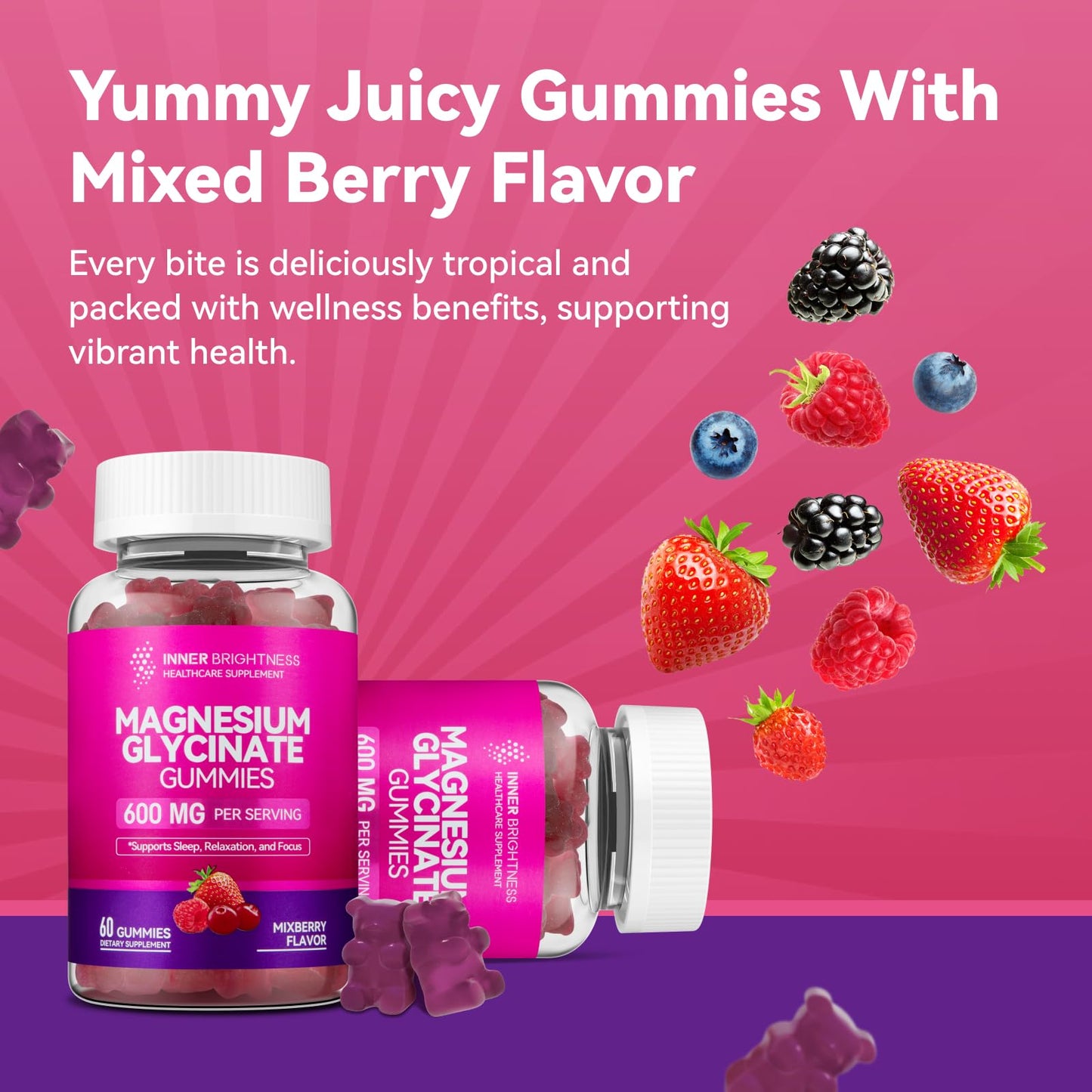Inner Brightness Magnesium Glycinate Plus Gummies – 860mg | Sugar-Free, Gluten-Free, Non-GMO (120 Count)