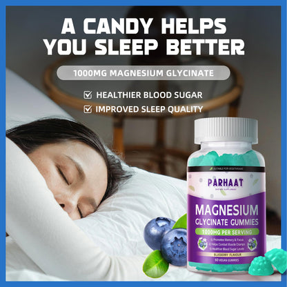 Magnesium Glycinate Gummies Sugar Free - Calm Mood & Sleep Support with Vitamin D, B6, CoQ10 - 60 Blueberry Chews