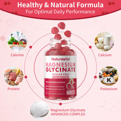 Magnesium Glycinate Gummies - Sugar Free, 60 Cherry Gummies | Vitamin D, B6, CoQ10