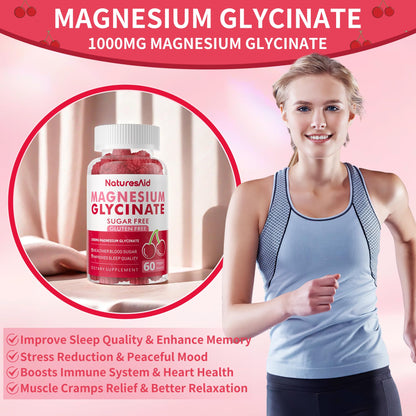 Magnesium Glycinate Gummies - Sugar Free, 60 Cherry Gummies | Vitamin D, B6, CoQ10