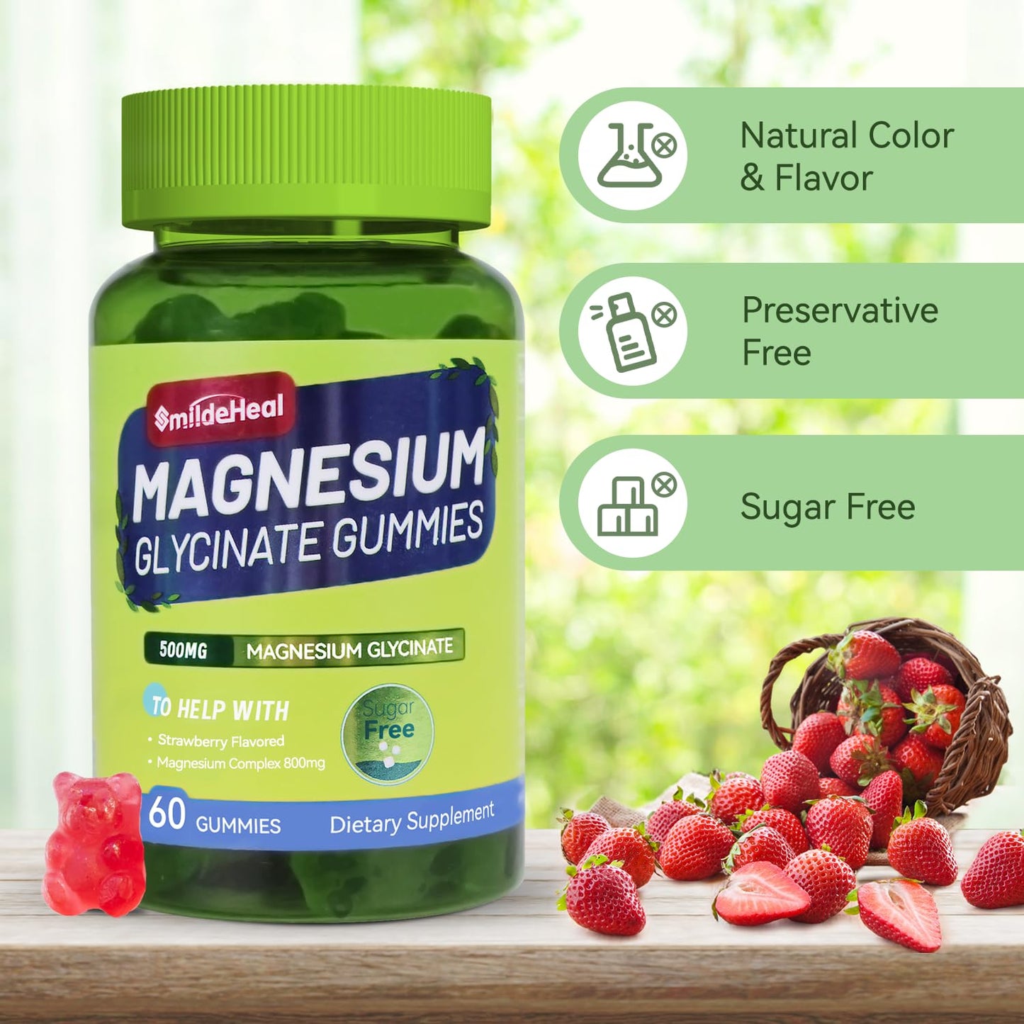 Magnesium Glycinate Gummies 500mg + L-Threonate 300mg – Sugar-Free Magnesium Potassium with Vitamin D, B6, CoQ10 | Strawberry 60 Gummies