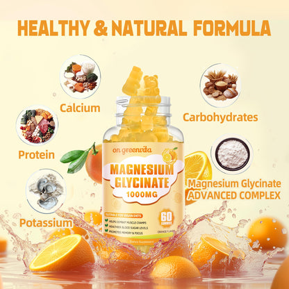 Magnesium Glycinate Gummies 1000mg - Sugar Free Magnesium Potassium Supplement with Vitamin D, B6, CoQ10 for Calm Mood & Sleep Support - 120 Orange Gummies 2 Pack
