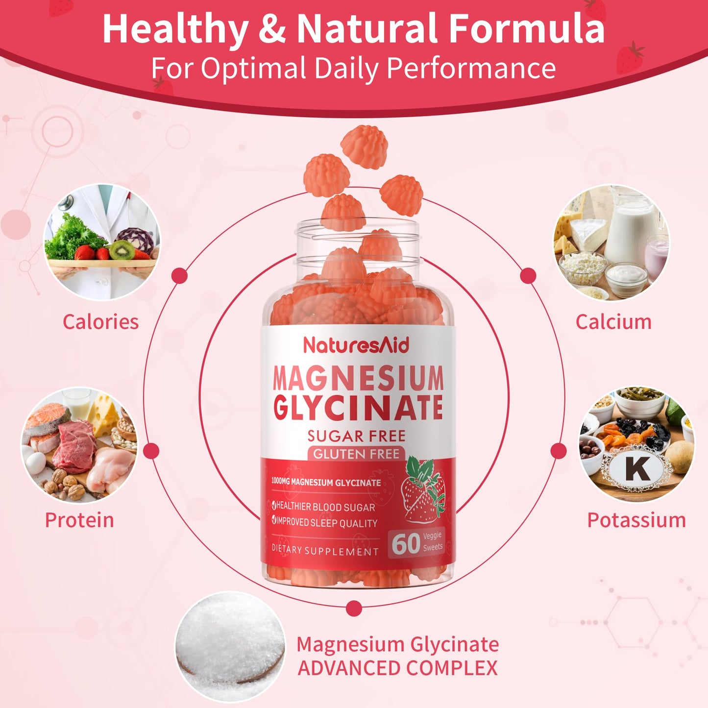 Magnesium Glycinate Gummies 1000mg - Sugar Free Calm Mood & Sleep Support (120 Strawberry Gummies) - 2 Pack