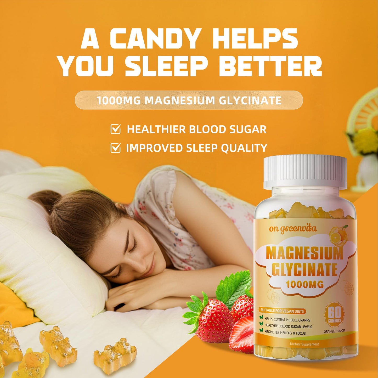 Magnesium Glycinate Gummies 1000mg - Sugar Free Magnesium Potassium Supplement with Vitamin D, B6, CoQ10 for Calm Mood & Sleep Support - 120 Orange Gummies 2 Pack