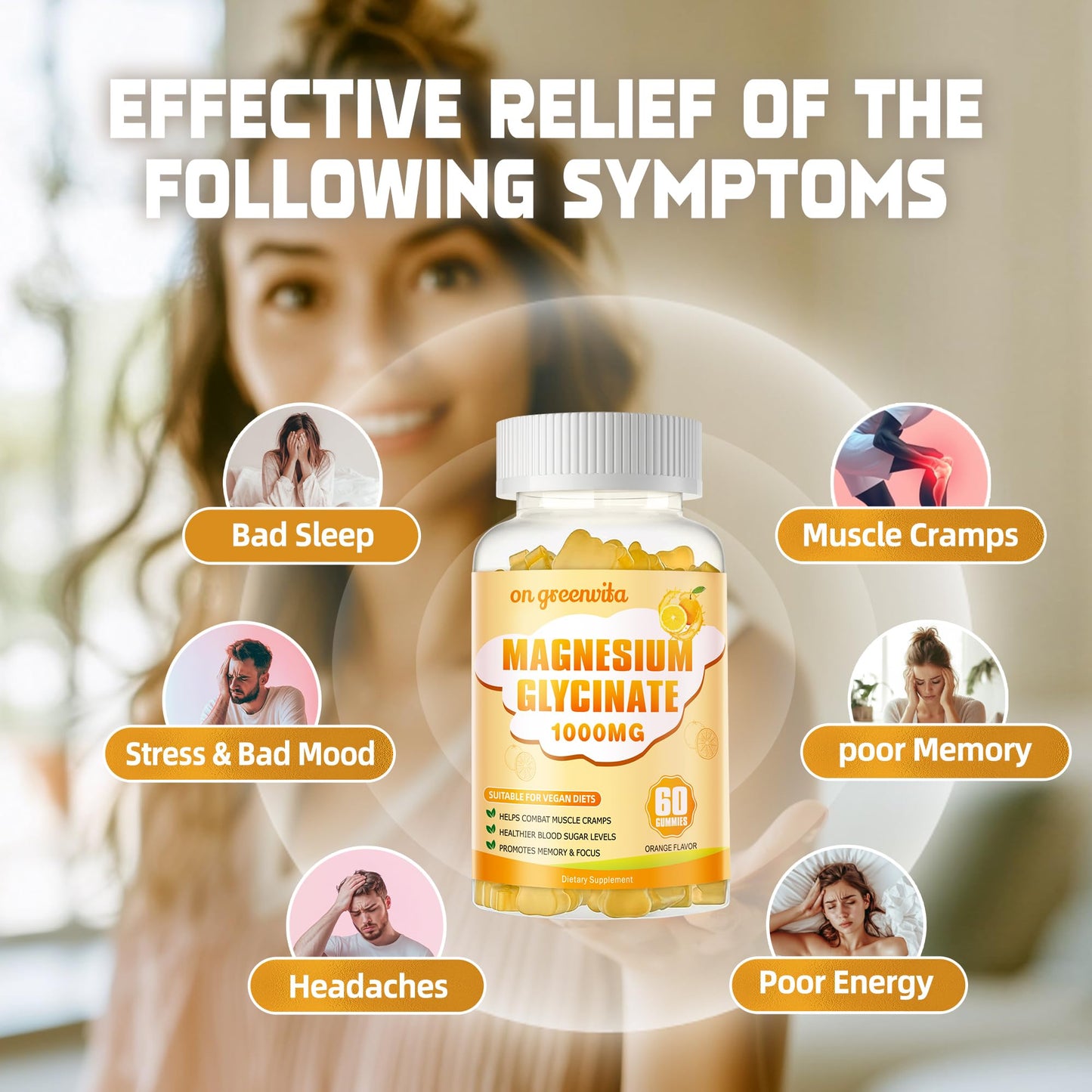 Magnesium Glycinate Gummies 1000mg - Sugar Free Magnesium Potassium Supplement with Vitamin D, B6, CoQ10 for Calm Mood & Sleep Support - 120 Orange Gummies 2 Pack