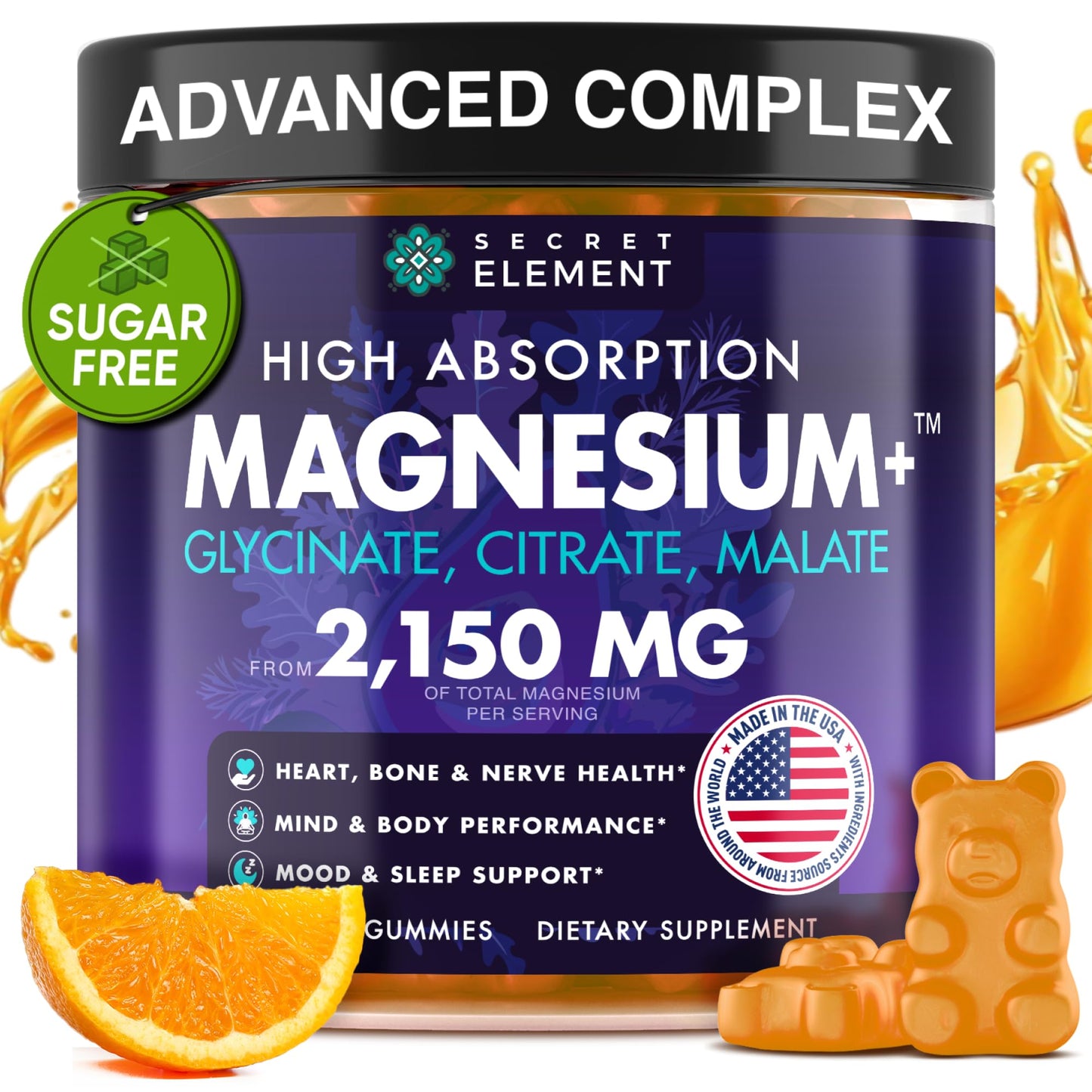 Magnesium Glycinate Gummies 2150MG – High Absorption, Sugar Free, Orange