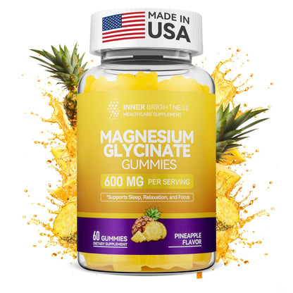 Magnesium Glycinate Gummies 600mg – Non-GMO, Gluten-Free, Pineapple Flavor | 60 Count