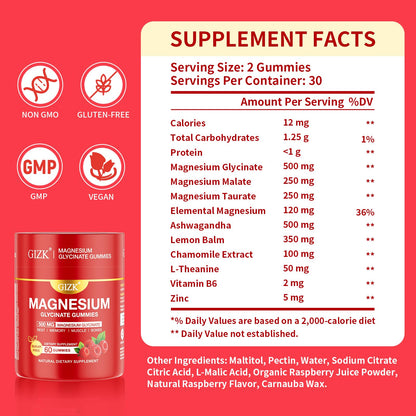 Magnesium Glycinate Gummies 500mg – Sugar Free Raspberry | 60 Count – Vegan, No Melatonin