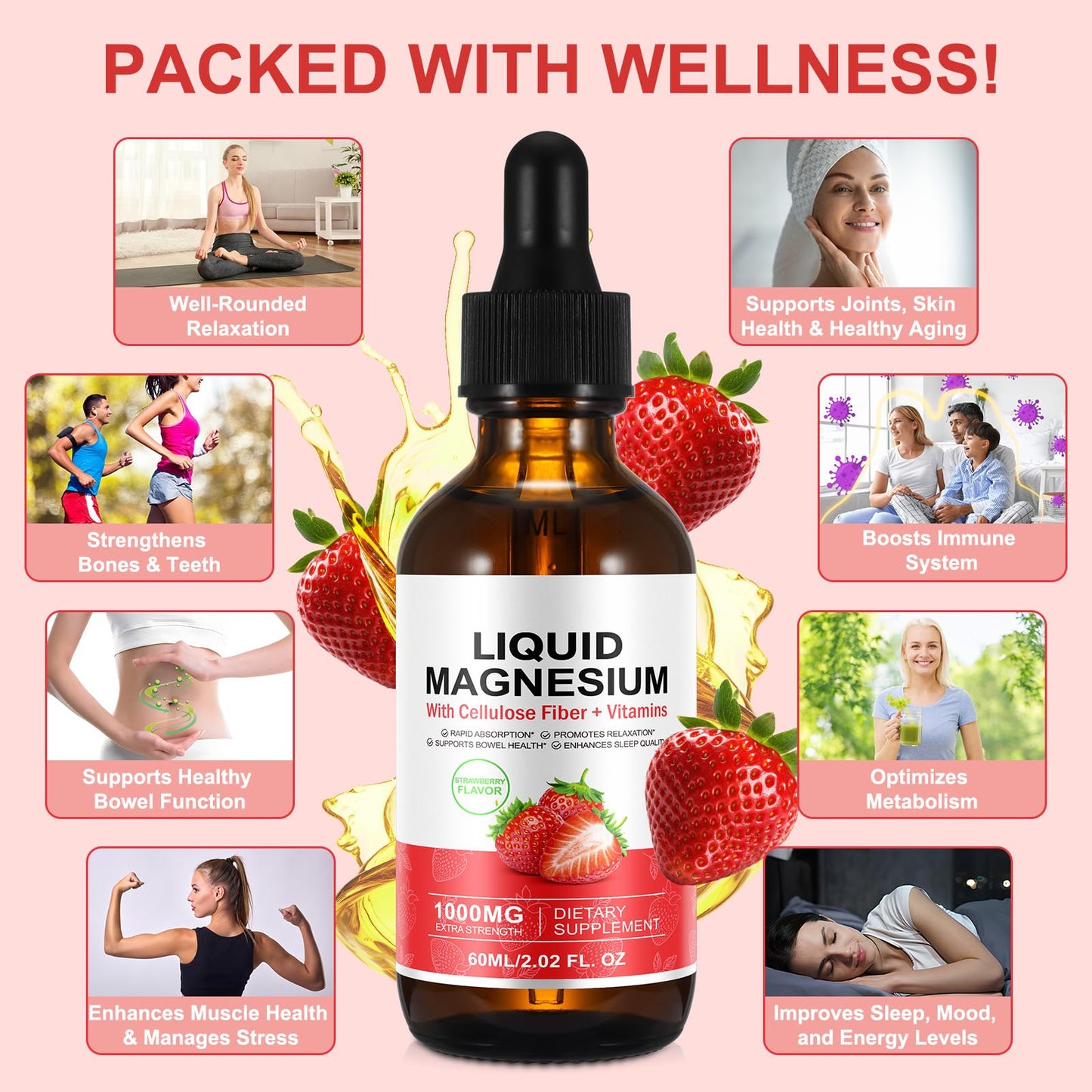 Magnesium Glycinate Liquid 1500mg - Stress Relief & Sleep Support (Strawberry, 60ml)