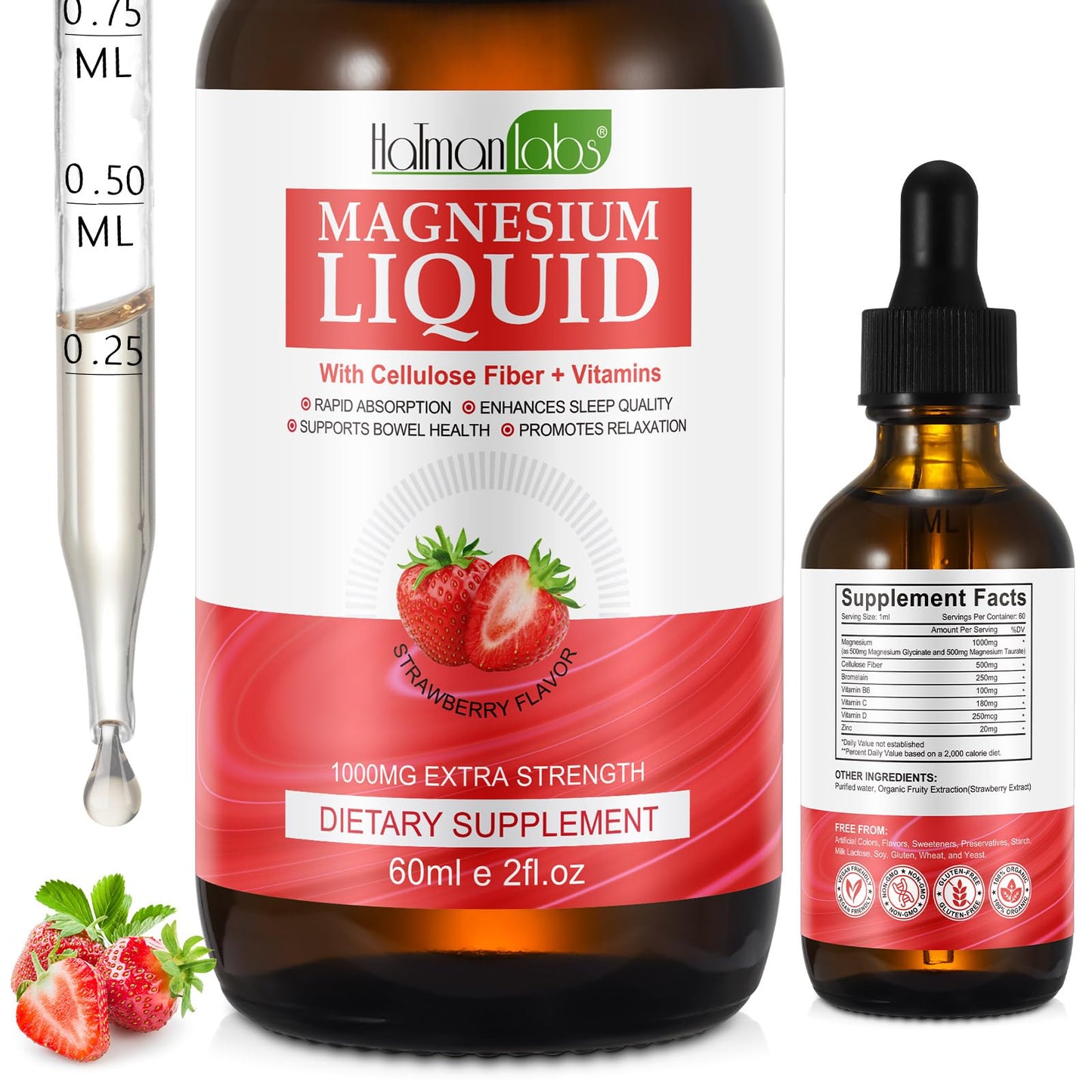 Magnesium Glycinate Liquid Drops - High Absorption, Strawberry, 2 oz