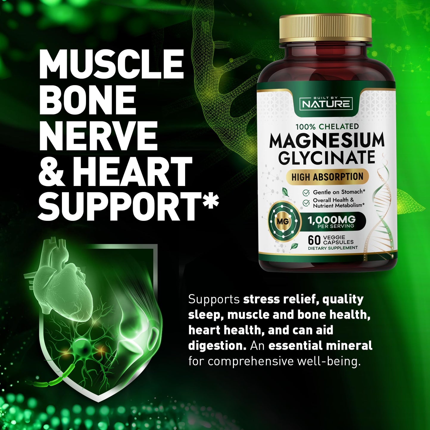 Built By Nature Magnesium Glycinate 1000mg – High Absorption, 100% Chelated, Gentle on Stomach | 60 Capsules