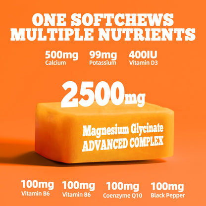 Magnesium Glycinate Soft Chews – Sugar-Free Orange, Vitamin D, B6, CoQ10 (60 Days)