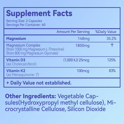 Magnesium Chelated Complex 1800mg with Vitamin D3 & K2 – L-Threonine & Glycinate, 120 Capsules