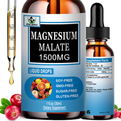 Magnesium Malate Liquid Drops | High Absorption Liquid Magnesium Supplement for Healthy Energy & Muscle Function Support - Magnesium Malate 1500mg for Adults Women & Men | Non-GMO - 30 Servings