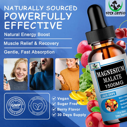 Magnesium Malate Liquid Drops | High Absorption Liquid Magnesium Supplement for Healthy Energy & Muscle Function Support - Magnesium Malate 1500mg for Adults Women & Men | Non-GMO - 30 Servings
