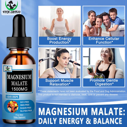 Magnesium Malate Liquid Drops | High Absorption Liquid Magnesium Supplement for Healthy Energy & Muscle Function Support - Magnesium Malate 1500mg for Adults Women & Men | Non-GMO - 30 Servings