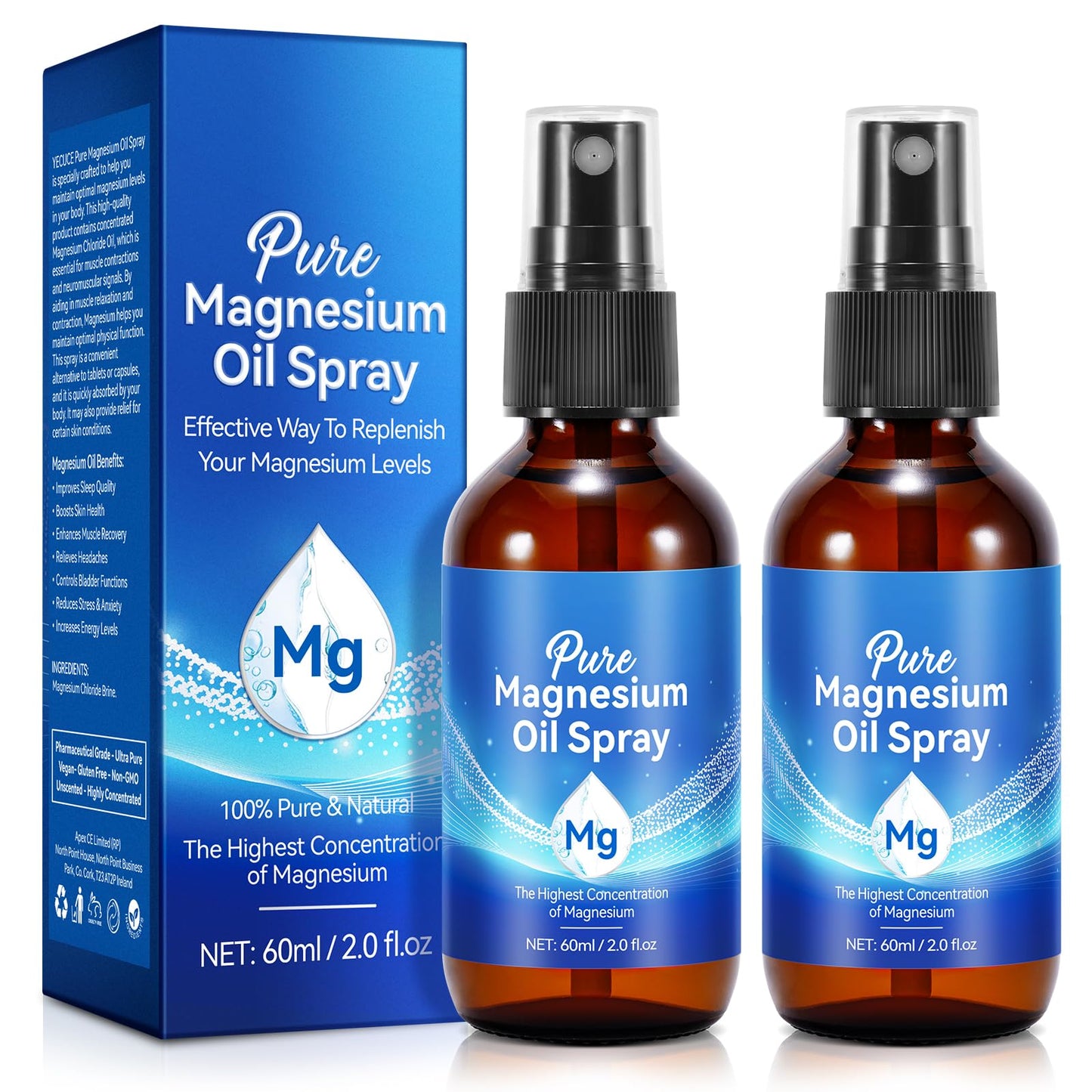 Magnesium Oil Spray – Pure, Natural & Organic (4 oz x 2) – Easy Absorption