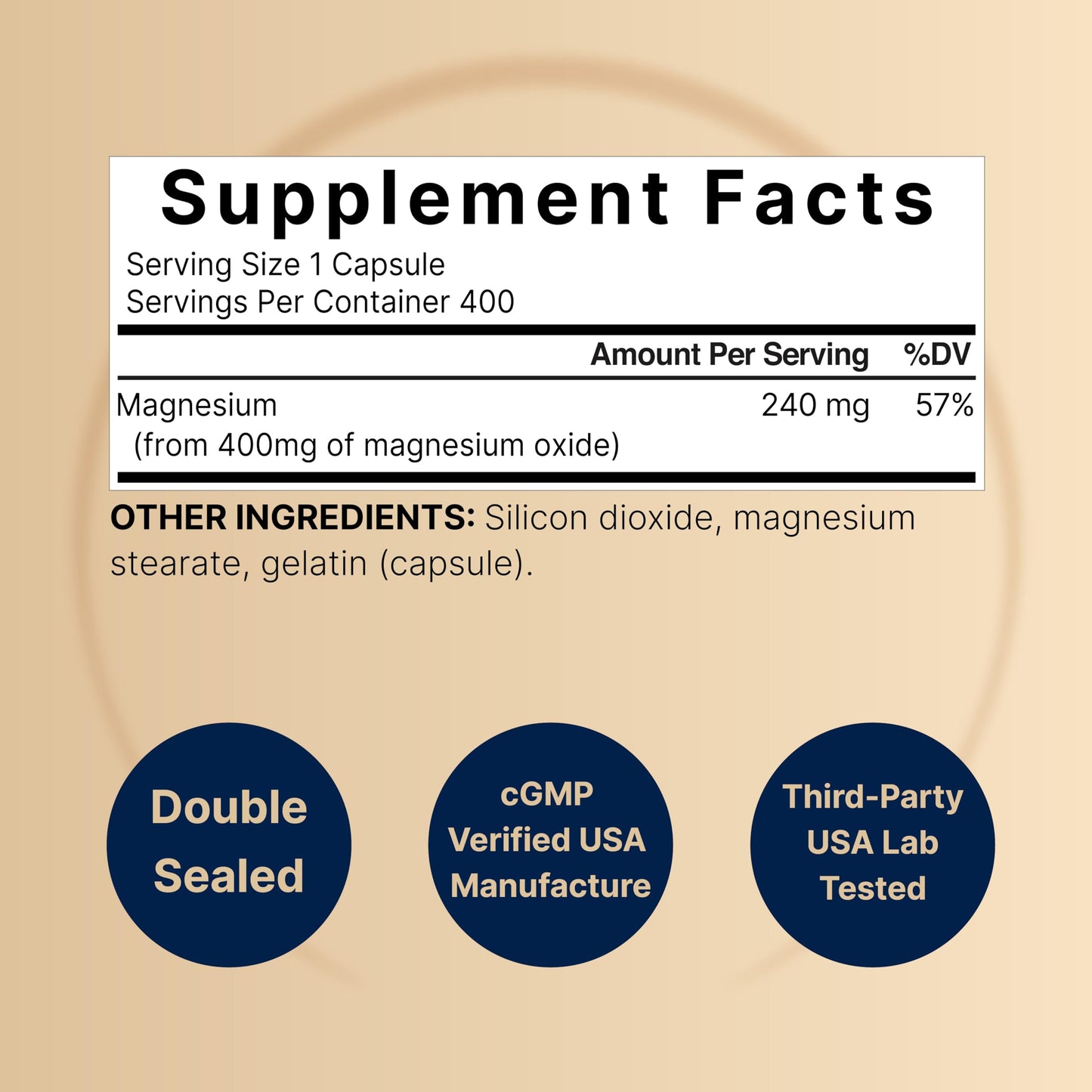 Magnesium Oxide 400mg – 400 Capsules | High Purity Elemental Magnesium | Non-GMO, Gluten Free