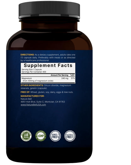 Magnesium Oxide 400mg – 400 Capsules | High Purity Elemental Magnesium | Non-GMO, Gluten Free