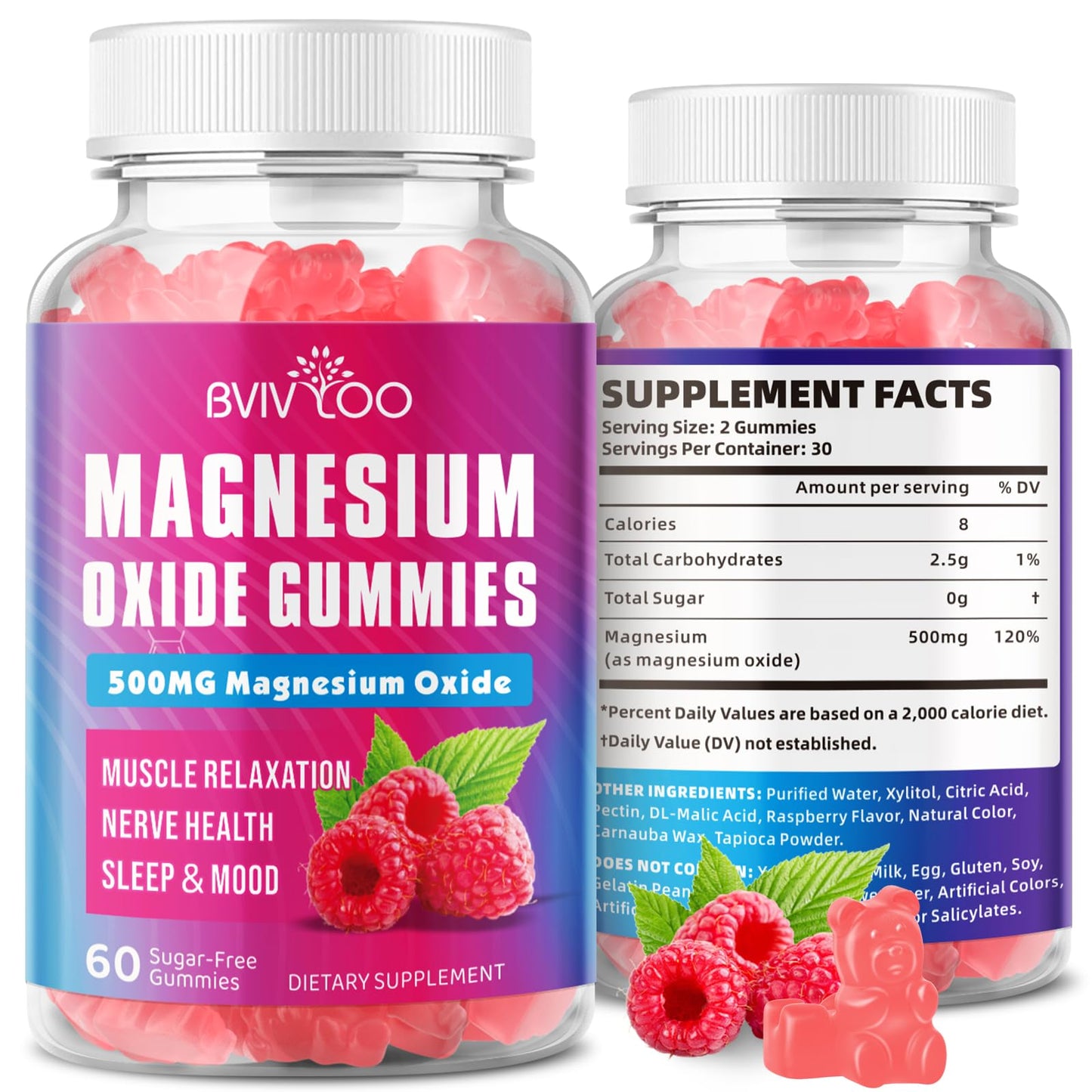 Magnesium Oxide 500mg Gummies – Vegan Sugar-Free Raspberry, 60 Gummies