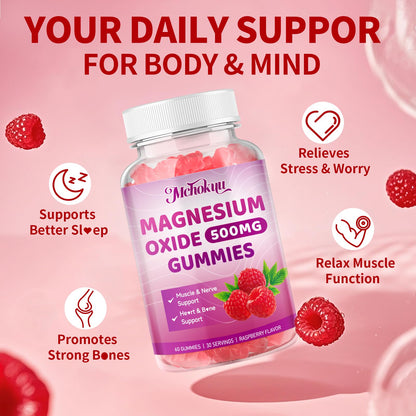 Magnesium Oxide Gummies 500mg - Sugar Free Raspberry Flavor for Adults and Kids | Nerve Support