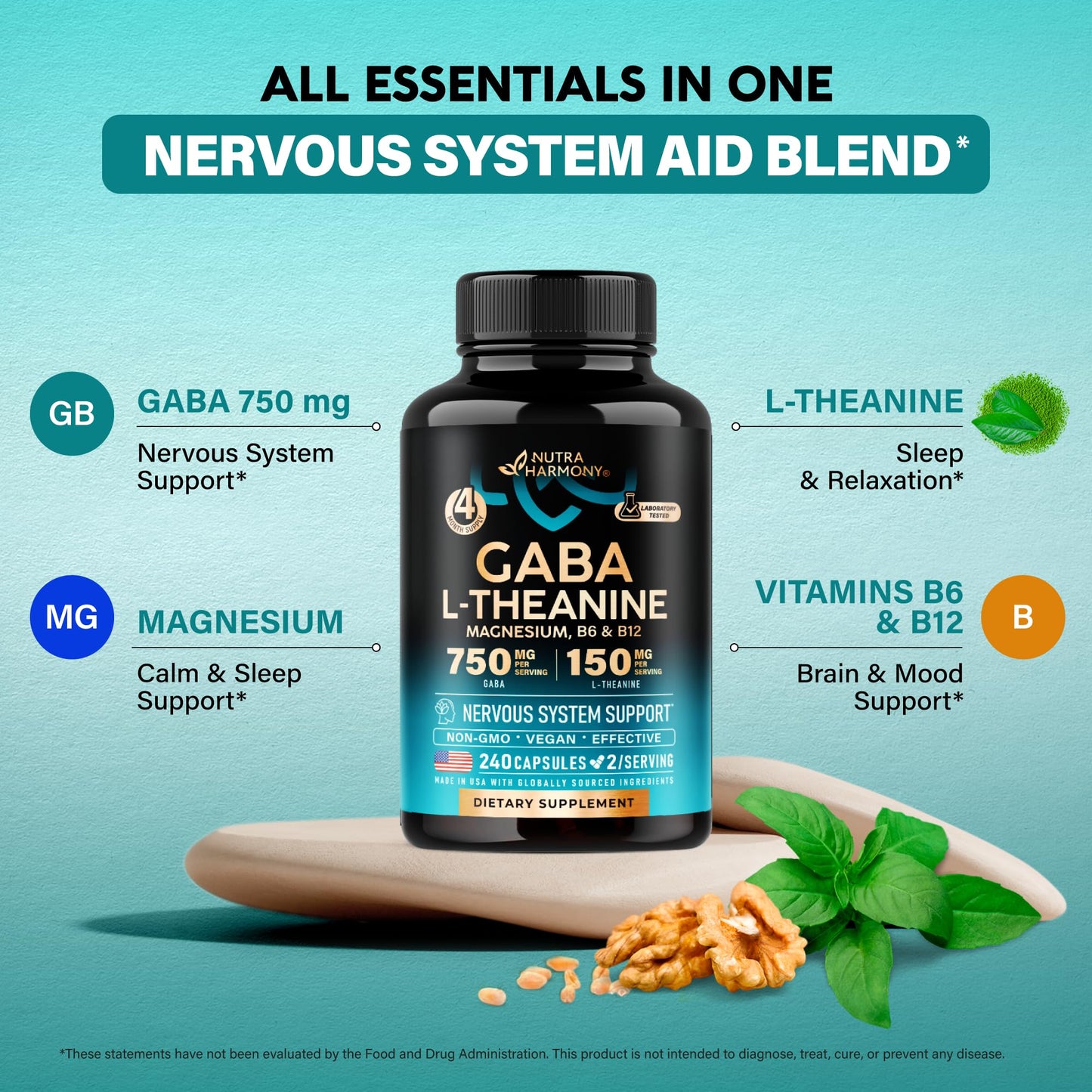 NUTRAHARMONY GABA L-Theanine 900mg – Made in USA | Magnesium & Vitamin B6 | Calm, Sleep & Mood Support – 240 Capsules